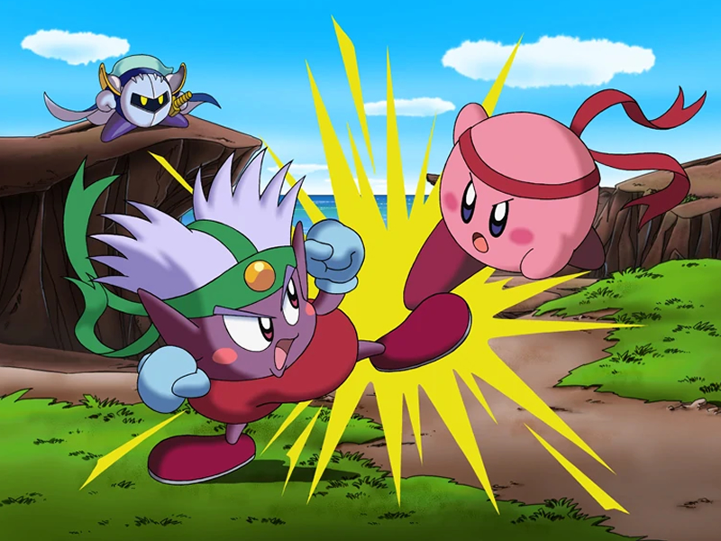 Kirby fighting an enemy with karate