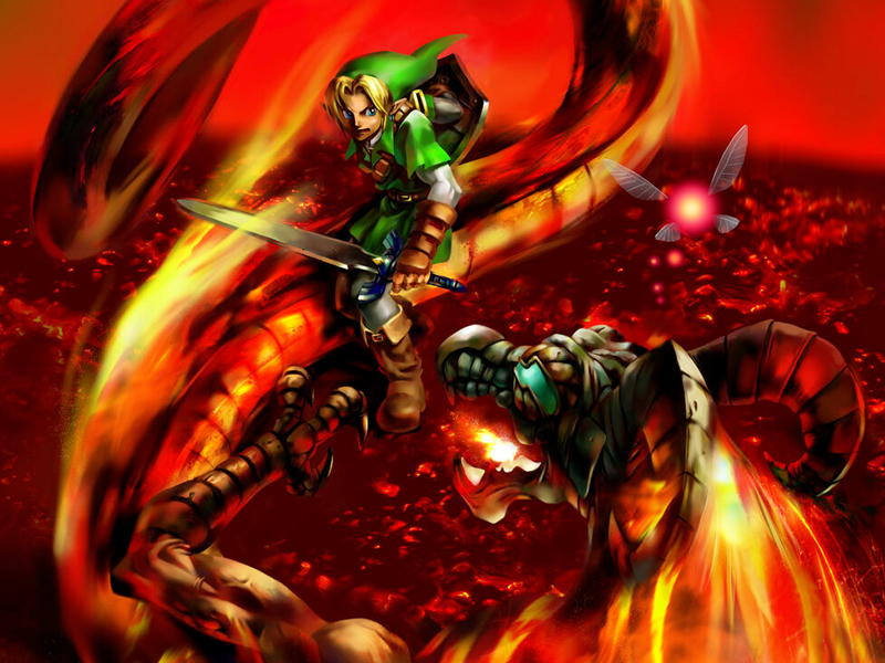 Link battling a fiery Volvagia dragon in Ocarina of Time