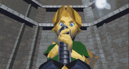 A gif of Link lifting the Master Sword in Zelda Ocarina of Time