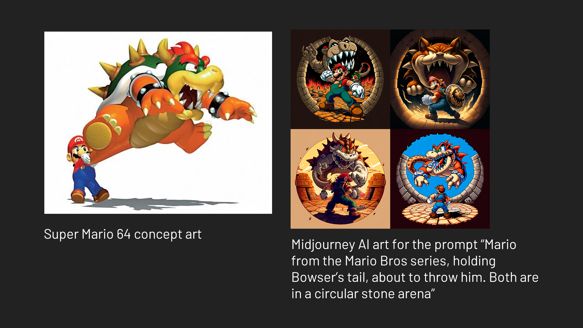 A picture of AI art vs human art, with more complex actions - a picture of Mario fighting Bowser