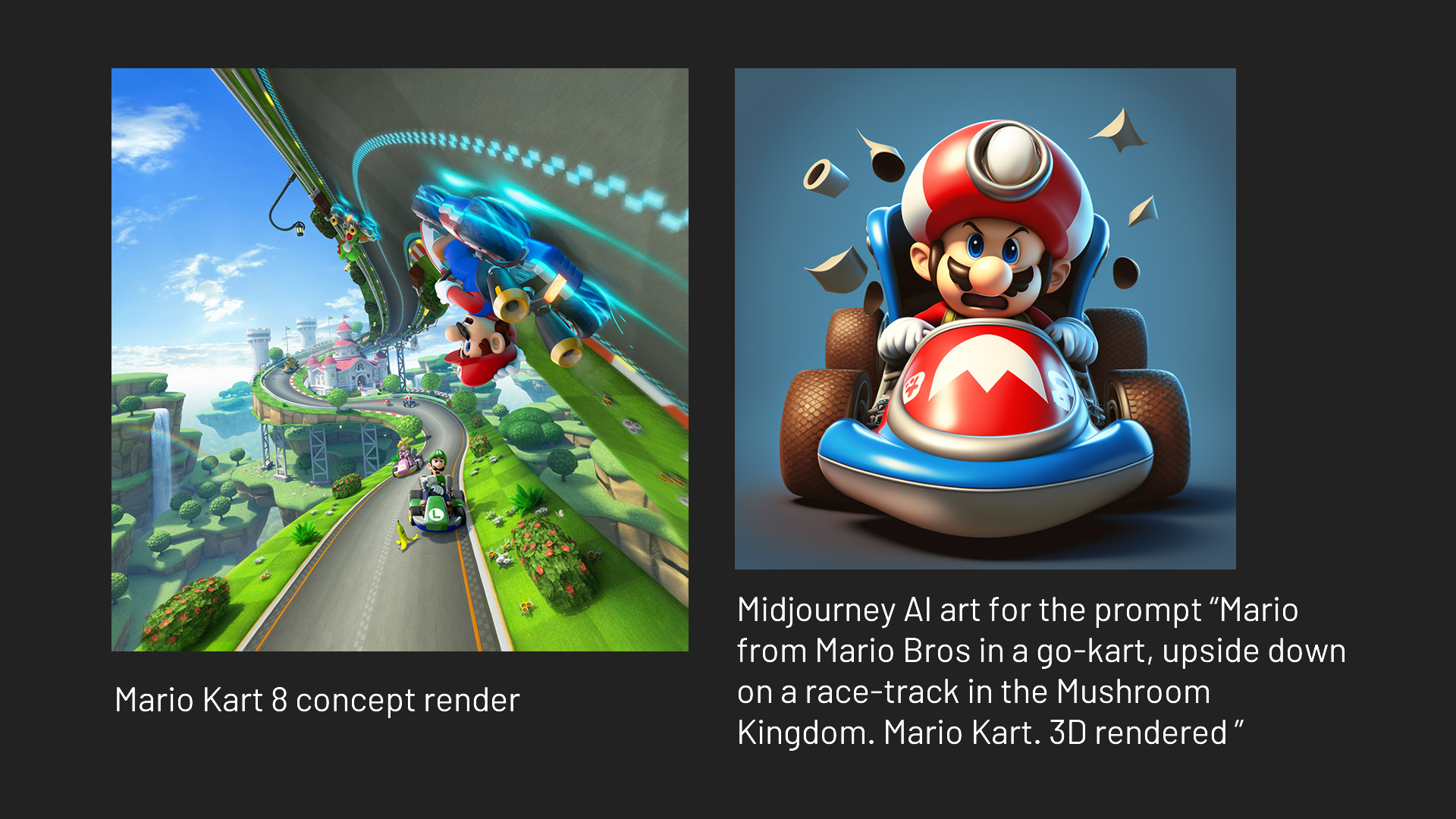 Two images of Mario Kart, one made by humans and rendered in 3D, the other by AI