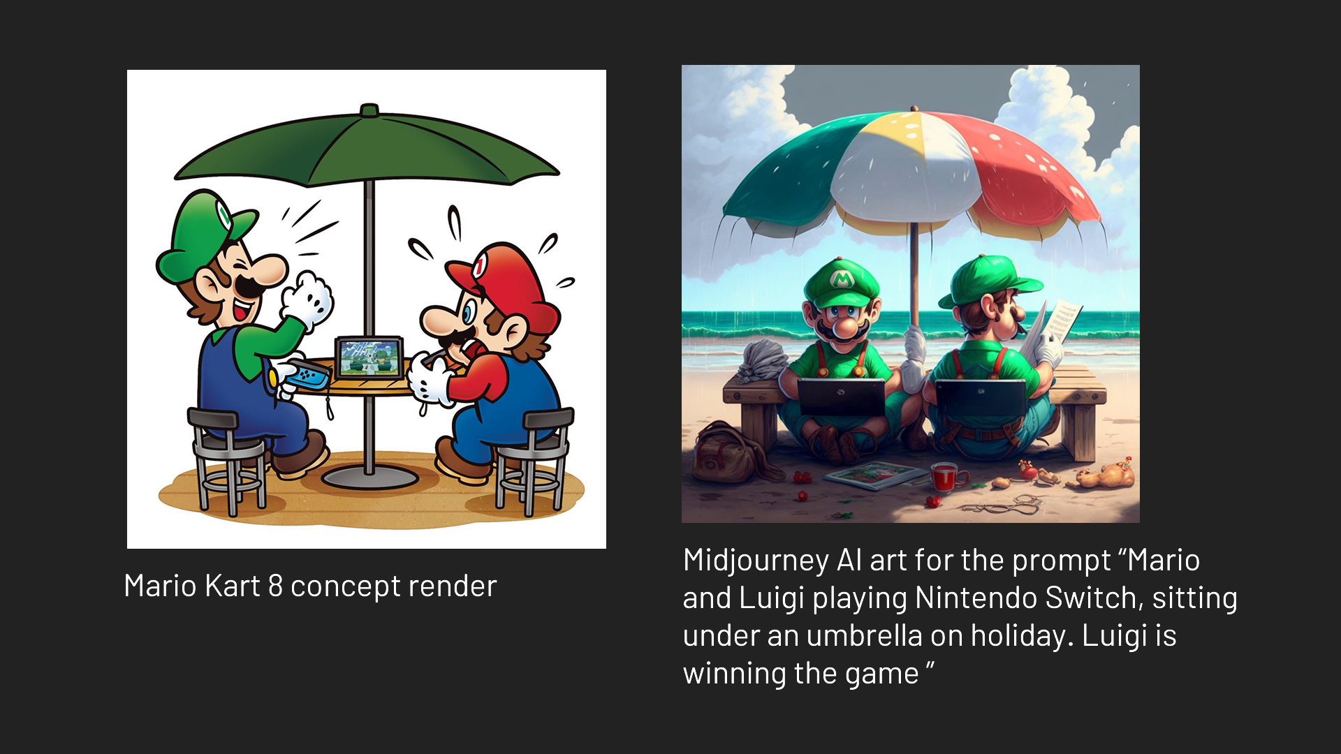 Two AI images - one is Mario and Lugi at the beach by human art and the other is AI art