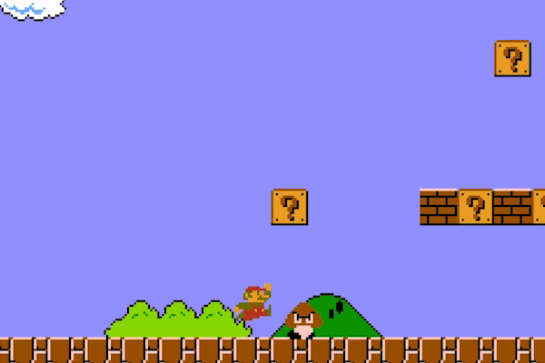 Image of Mario jumping on a Goomba in Super Mario Bros for the NES. Example of AI in gaming