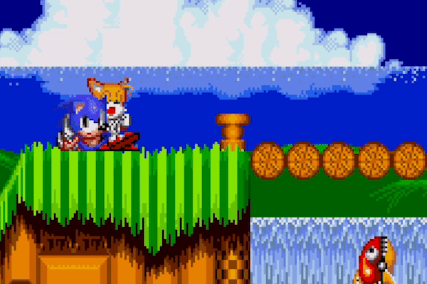 Animated image of Sonic and Tails from Sonic the Hedgehog 2. Sonic is idle. Example of AI in gaming