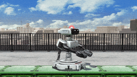 Animated GIF of the Nintendo character ROB in Super Smash Bros doing a battle pose