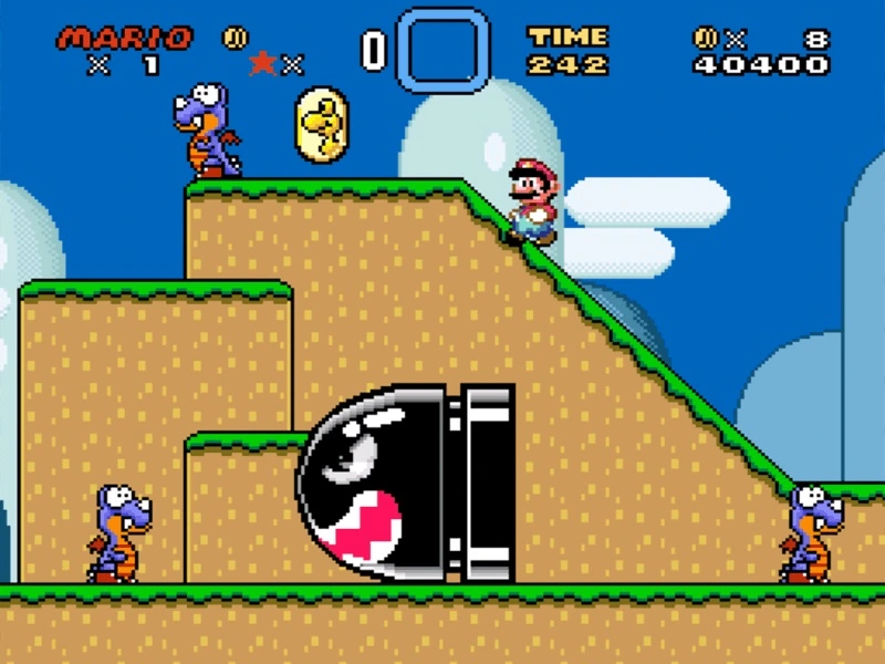 Screenshot of Super Mario World on the SNES, depicting Mario and a Bullet Bill