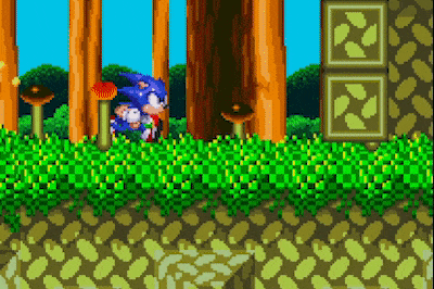 Gif of Sonic meeting Knuckles in the Sonic & Knuckles game