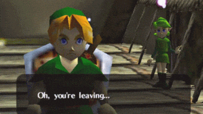 Animation of Link leaving Kokiri village and meeting Saria on the bridge in Zelda: Ocarina of Time