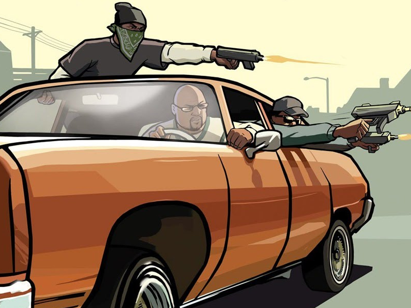 Official artwork from Grand Theft Auto depicting a driving car in the classic GTA art style