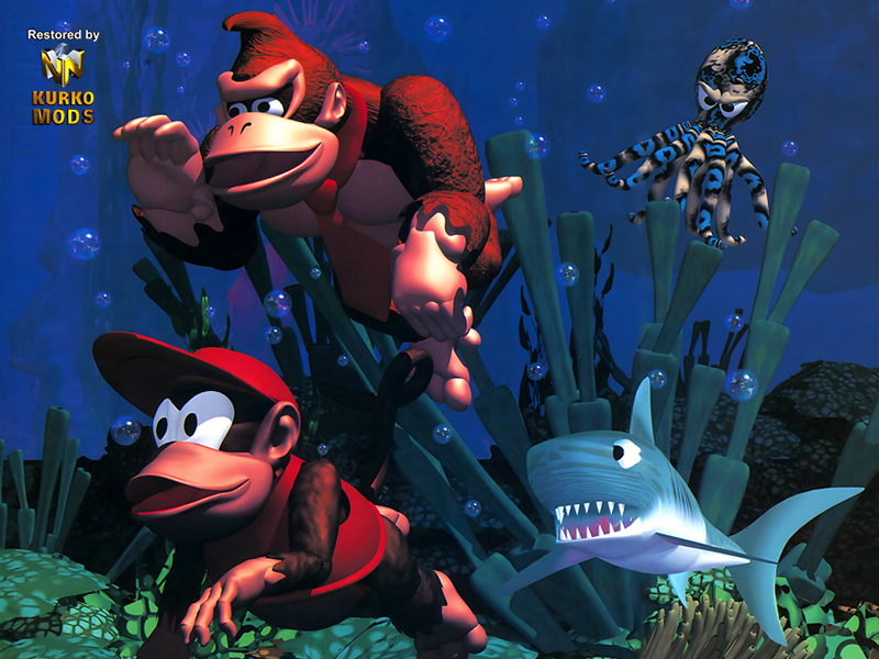 Official artwork from Donkey Kong Country on the SNES, showing Donkey Kong and Diddy Kong swimming