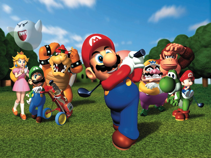 Official Mario Golf artwork from the Nintendo 64 game. N64 Mario characters including Mario, Luigi, Peach and Bowser.