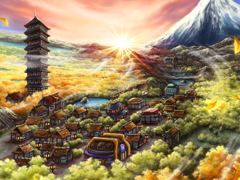 Official art of Pokemon HeartGold and SoulSilver. Depicting a rural Pokemon town with sunset