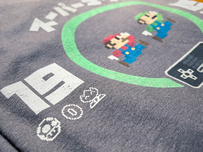 Classic Mario pixel design, retro t-shirt. Close-up image.