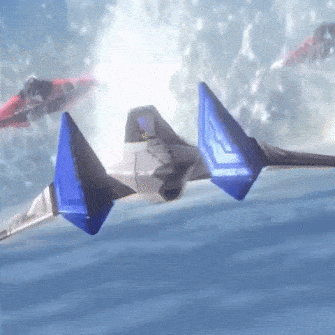 An animation gif from Star Fox Zero on the Nintendo Wii U - an Arwing spinning overt the sea