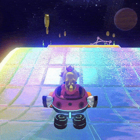 A gif of Princess Peach jumping on Rainbow Road in Mario Kart 8