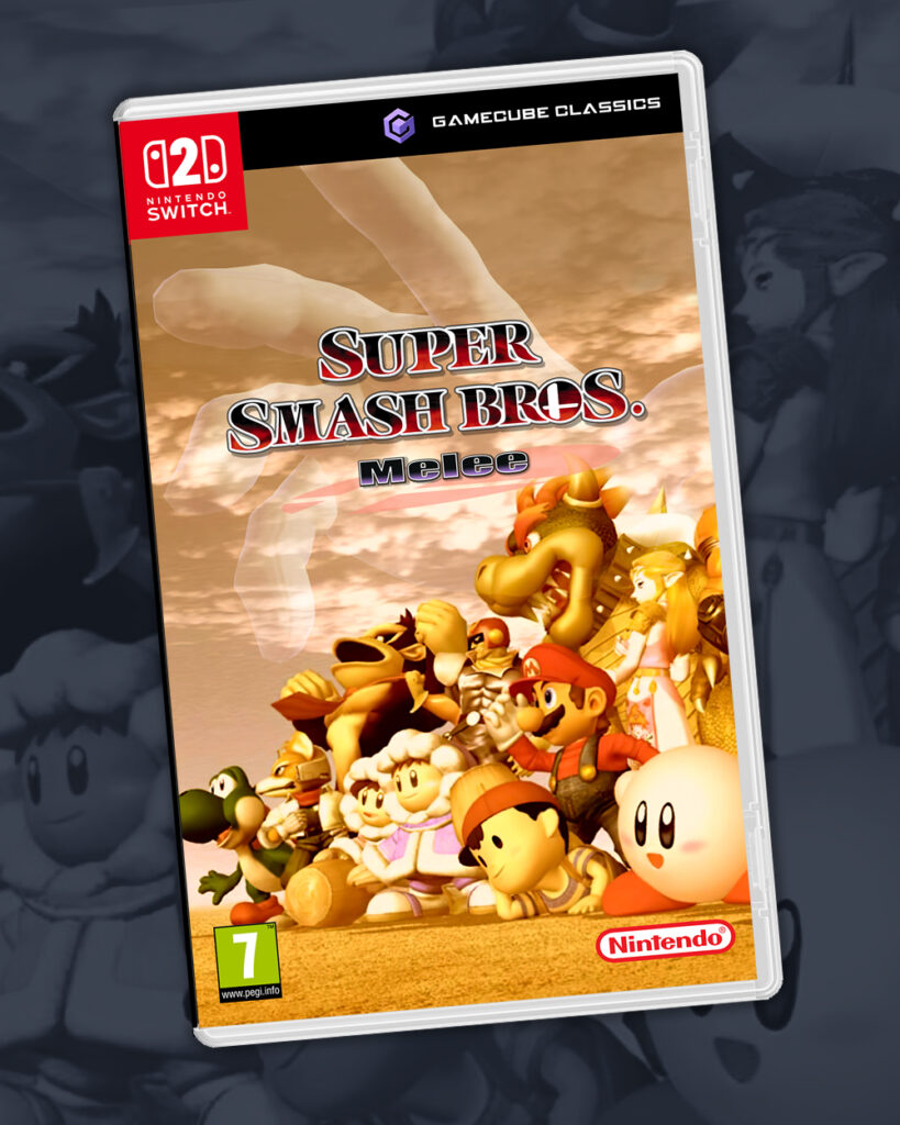 A GameCube Classics mockup box for Super Smash Bros. Melee on Switch 2