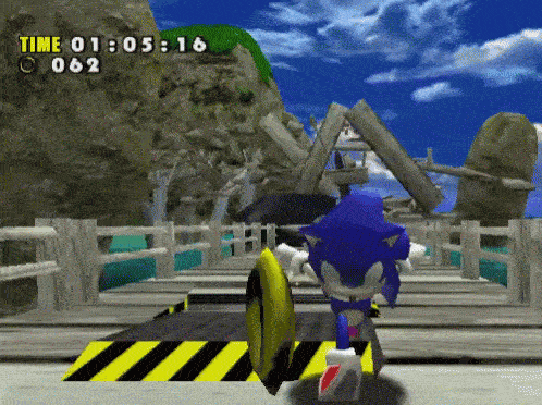 An animated gif from the game Sonic Adventure. Sonic is running towards the screen and dodging a large whale!