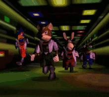 Animated image of the Star Fox 64 cast running down a hallway towards the camera. Classic polygon Nintendo 64 , 90s graphics