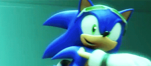 Animated gif of Sonic the Hedgehog from the game Sonic Free Riders. Sonic is smiling as he flies past