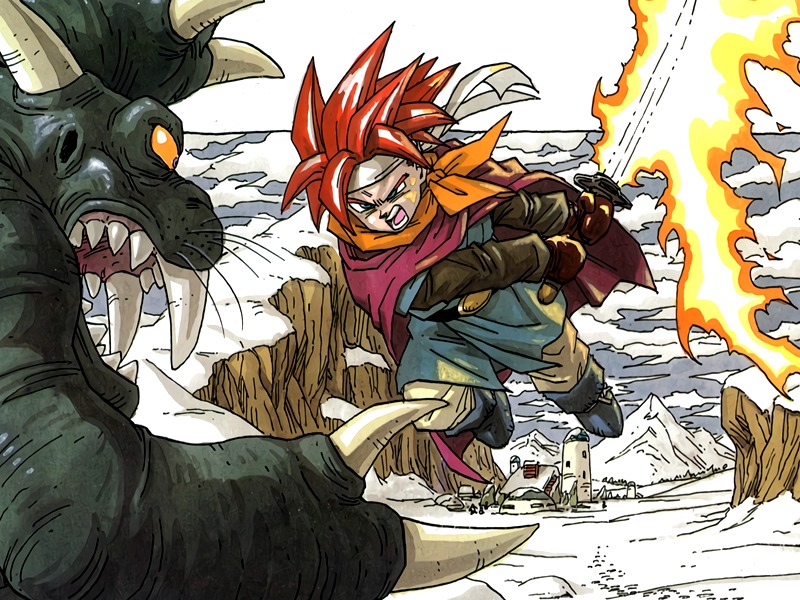 An image of Chrono from the game Chrono Trigger, jumping and attacking a monster as part of a snow scene. Part of an 2025 Video Game Anniversaries article.