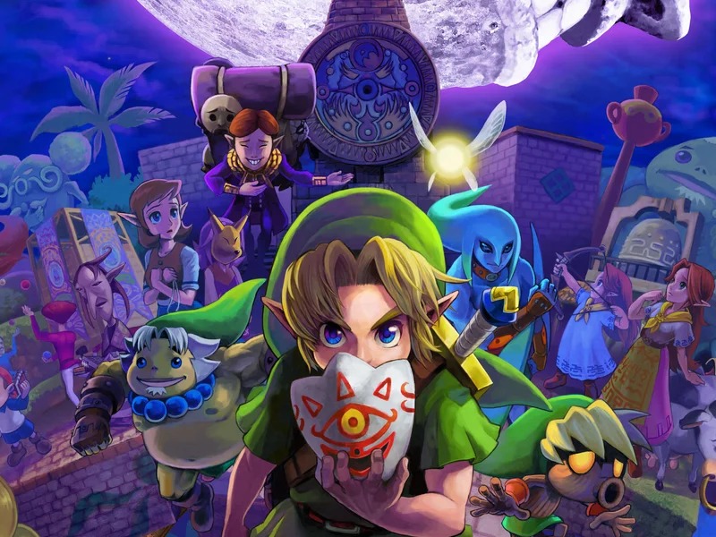 Concept art from the Legend of Zelda: Majora's Mask, with various characters on a dark background. Part of an 2025 Video Game Anniversaries article.