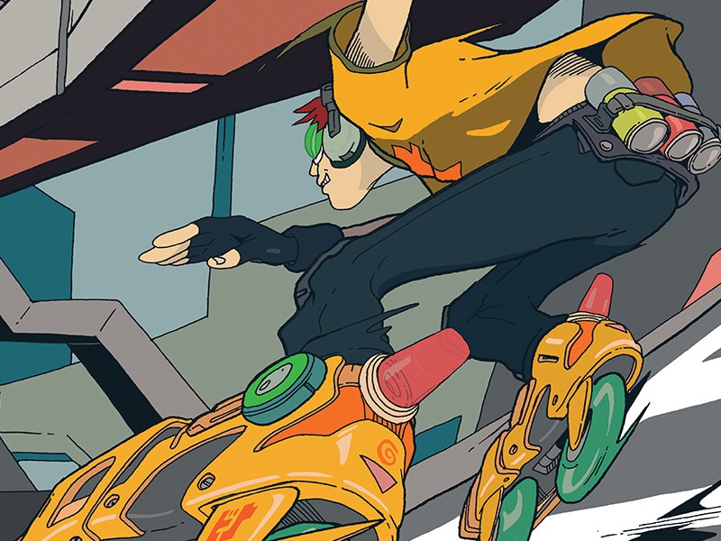 Concept art of a skater from the Jet Set Radio series, travelling through a city. Part of an 2025 Video Game Anniversaries article.
