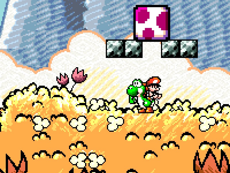 A screenshot of Baby Mario and Yoshi travelling across a colourful world as part of Yoshi's Island. Part of an 2025 Video Game Anniversaries article.