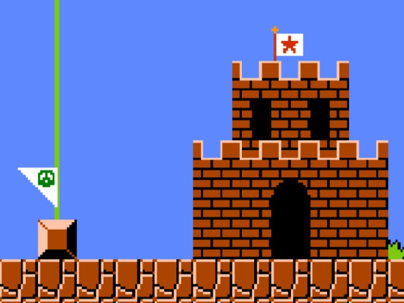 A screenshot of a castle from the original Super Mario Bros game. Part of an 2025 Video Game Anniversaries article.