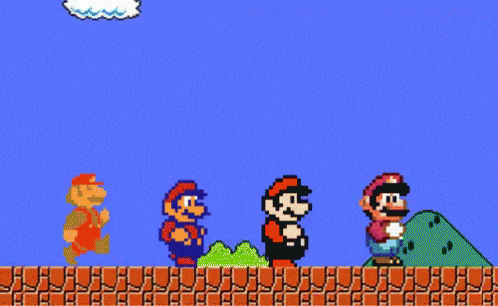 An animation showing the Super Mario Bros sprites from classic games running across the land